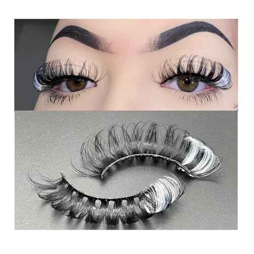 1 Pair Lashes Strip with White for Festivals, 3D Russian Curl False Eyelashes Color Decal, Black Lash Strip with Gray Sparkly, Cruelty-Free Faux Mink 16 MM for Women Makeup(White)