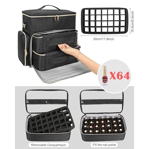 Chomeiu Nail Polish Organizer Case, Large Nail Polish Holder Hold 64 Bottles (15ml/0.5 fl.oz), Large Capacity for Nail Polish, Nail Lamp, Nail Art Accessories, 3 in 1 Storage Bags