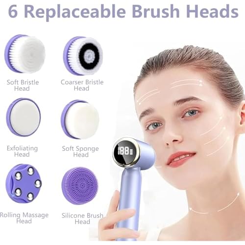 6-in-1 Facial Cleansing Brush Electric Face Scrubber ? 3-Speed Waterproof Spin Brush with 6 Replacement Heads, Rechargeable Deep Pore Cleanser for Dry, Oily & Sensitive Skin (Purple)