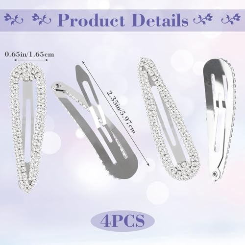 HINZIC 4Pcs 2.4Inch Rhinestone Hair Clips Silver Snap Hair Barrettes Water Drop Wedding Prom Engagement Dance Party Hair Pins Decorative Hair Pins Accessories for Women Teen Girls Bridal