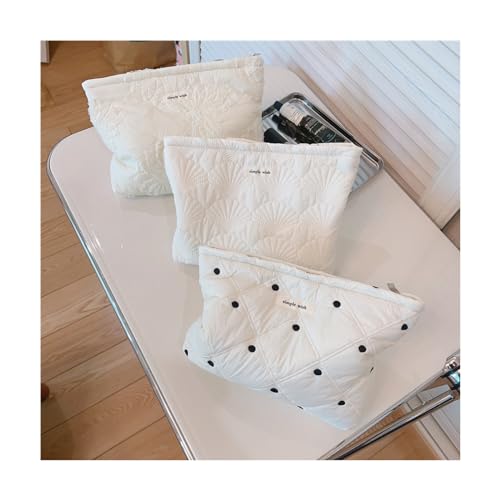 Quilted White Cotton Makeup Pouch - Floral Toiletry Bag for Women