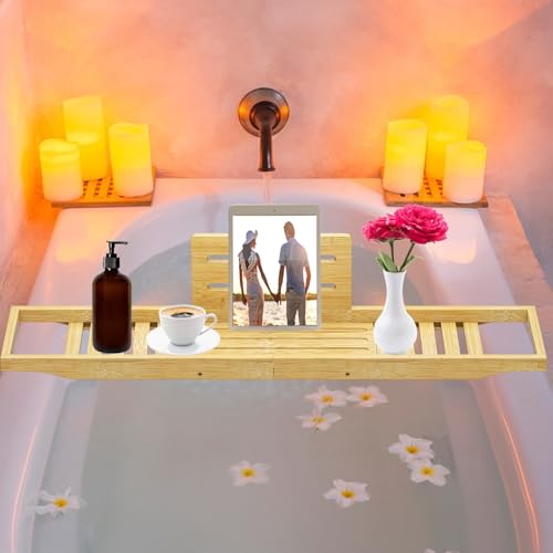Bamboo Bathtub Caddy Tray - 29" Bath Tray with Slip-Resistant Grips