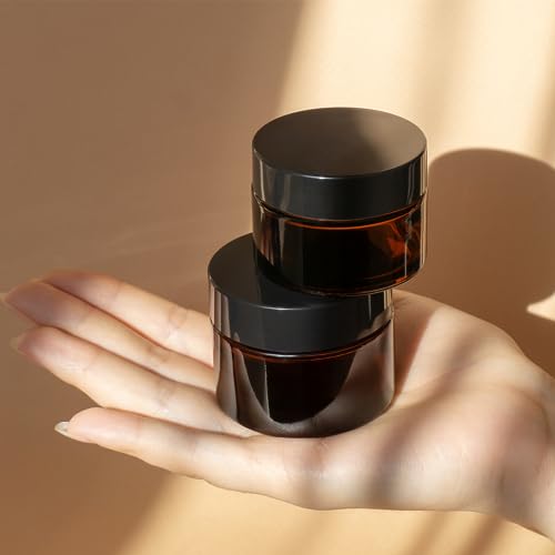 Amber Glass Cosmetic Jar with Black Lid & Spatula - 1oz Reusable Lotion Container