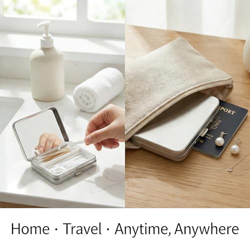 Portable Travel Cotton Swab & Dental Floss Case with Mirror, 2-Pack