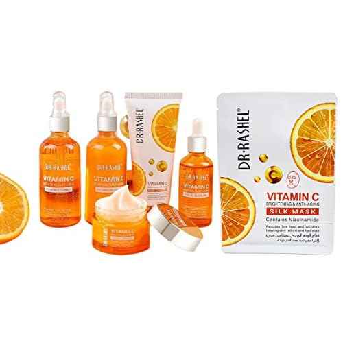 Dr Rashel Vitamin C Skin Care Series , Contains Hyaluronic Acid, Anti Aging and Collagen Essence ( Pack Of 5 Piece Set ) + 1 Pcs of Vitamin C Silk Mask