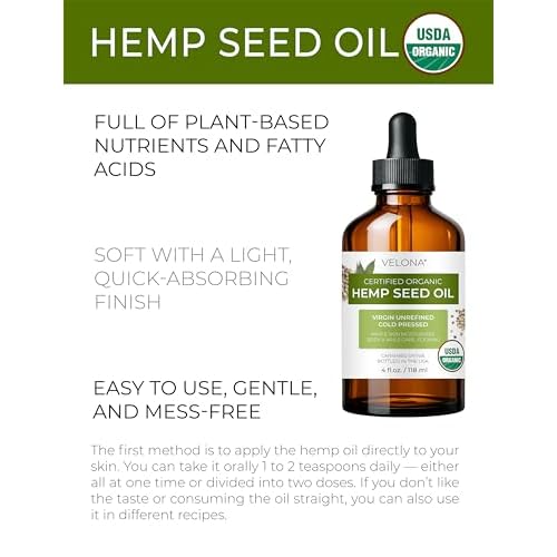 velona Hemp Seed Oil USDA Certified Organic - 4 Fl Oz | 100% Pure and Natural Carrier Oil | Unrefined, Cold Pressed | Hair, Body, Face & Skin Care