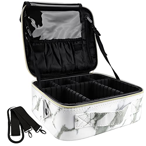 Travel Makeup Bag 10.4 Inches Portable Makeup Train Case Cosmetic Bag Organizer with Adjustable Dividers and Shoulder Strap for Cosmetics Brushes Toiletry Jewelry Digital Accessories (Marble)