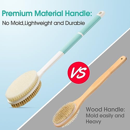 Backski Green Long Handle Body Scrubber with Soft & Stiff Bristles, Anti-Slip Shower Brush