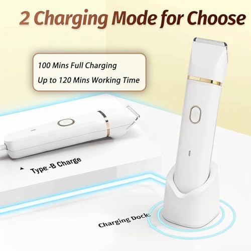 Bikini Trimmer for Women, 5-in-1 Electric Razors Shaver, IPX7 Waterproof Cordless Body Hair Trimmer, Rechargeable Facial & Pubic Hair Remover, Ceramic Blade Bikini Shaver, Gifts for Women (White)