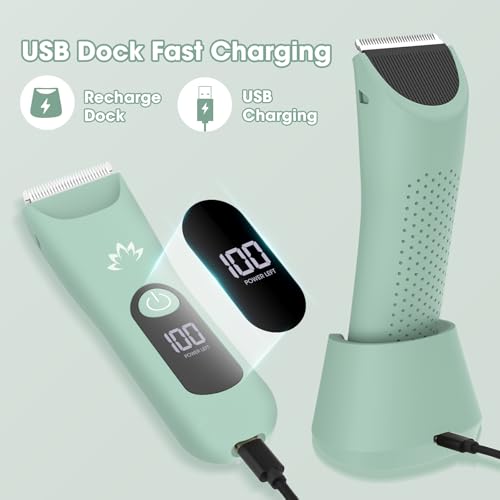 Bikini Trimmer for Women, Painless Pubic Hair Trimmer for Armpit Leg Arm Body Private Area,Rechargeable Womens Electric Razors Shaver LED Light Ceramic Blade IPX7 Waterproof Wet/Dry LCD Display,Green