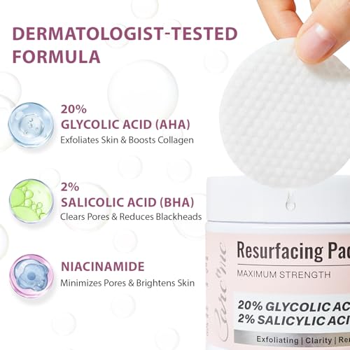 Glycolic Acid 20% & Salicylic Acid 2% Face Exfoliating Pads (50 Count)- Facial Peel Pads for Anti-Aging, Cleansing, Resurfacing, Brightening, Blemish Control, Revealing Clear, Glowing, Youthful Skin