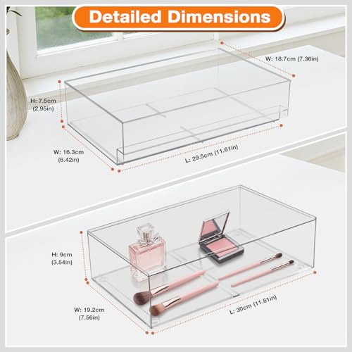 Clear Stackable Storage Drawers,2 Pack Plastic Organizers Bins for Makeup Organizer,Bathroom Makeup Organizer for Palettes,Cosmetic, and Beauty Supplies,Ideal for Vanity, Cabinet,Desk Organization