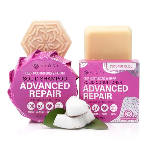 Viori Coconut Advanced Repair Shampoo & Conditioner Bar Set ? Longsheng Rice Water & Jojoba Esters ? Sulfate-Free, Eco-Friendly, Travel Bars for Dry or Damaged Hair
