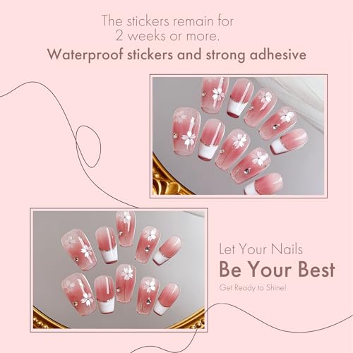 Veil Press On Nails 10pcs, Pink Cherry Blossom Gradient UV Gel/Acrylic False Nails, Elegant Floral French Tip Spring Blossom Nail Art for Women, Cute Pastel Flower Soft Glam Nail Set (Pink, M)