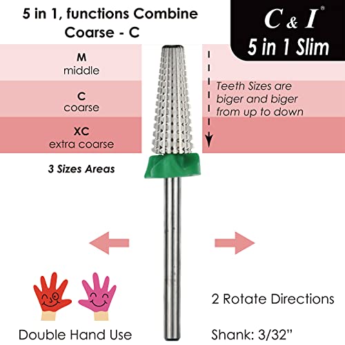 C & I 5 in 1 Nail Drill Bit, Slim Edition, Professional Manicure Drills for Electric Nail Drill Machine (Coarse -C)