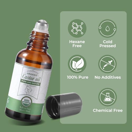 Castor Oil Roll on for Face Eye Hair Scalp Eyebrow, Under Eye Roller, Certified Organic Castor Oil Roller Stick Glass Bottle, Pure Cold Pressed Body Oil - 1fl.oz Small Roller