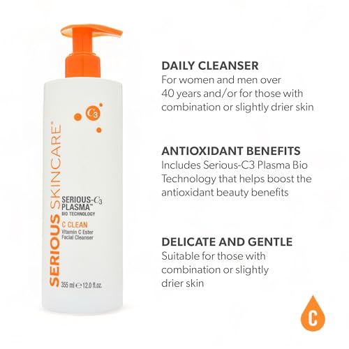 Serious Skincare Hydrating C Clean Facial Cleanser, Gentle Face Wash with Anti-Aging Vitamin C and E, Hydrolyzed Collagen, Botanical Extracts, 12 FL Oz