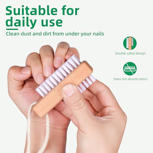 2 Pack Wooden Nail Brush with Hanging Rope - Dual-Sided Scrubber for Fingernails & Toes