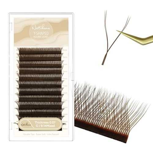 4D YY Eyelash Extension Colored 0.07mm C Curl 8-14mm Mixed Tray Premade Fan 2D Y Shape Volume Lash 12 Rows Color Lashes (8-14 MIX, Brown, 0.07 C)