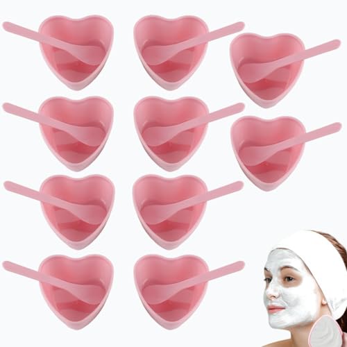 10 Sets Plastic Heart-Shaped Facial Mask Mixing Bowl with Spatula - Facemask Bowl DIY Skincare Tools for Women, Home & Professional Beauty Salon Use (Pink)