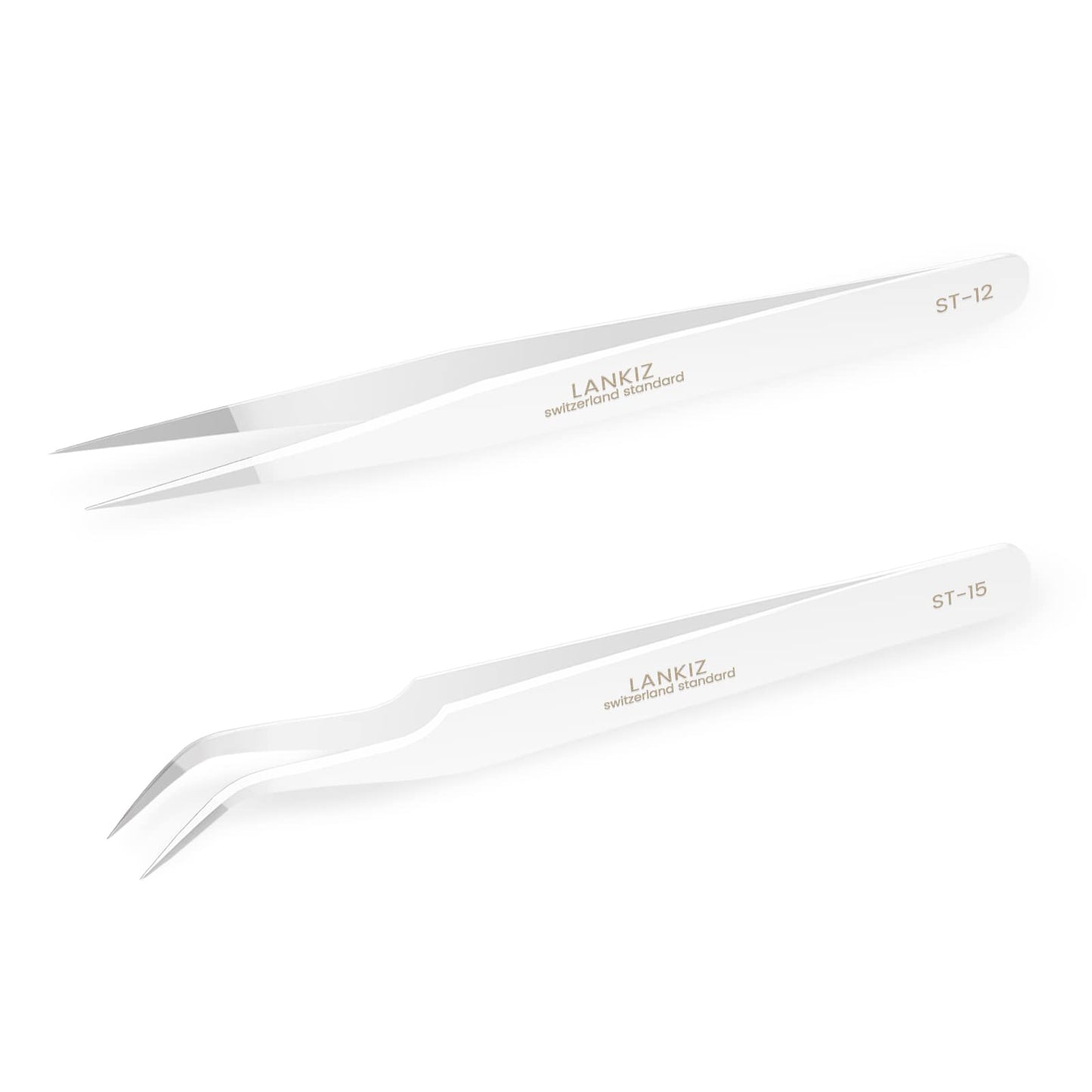 LANKIZ Eyelash Extension Tweezers Stainless Steel Straight and Curved Volume Lash Tweezers Set of 2 for Professional Eyelash Extension Application -White pinzas para pestaas pelo a pelo