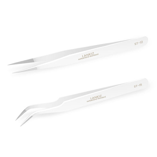 LANKIZ Eyelash Extension Tweezers Stainless Steel Straight and Curved Volume Lash Tweezers Set of 2 for Professional Eyelash Extension Application -White pinzas para pestaas pelo a pelo