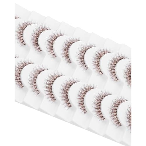 outopen 10 Pairs Brown Lashes Natural Look Cat Eye Brown Eyelashes Wispy Clear Band Eye Lash Short Fake Eyelash