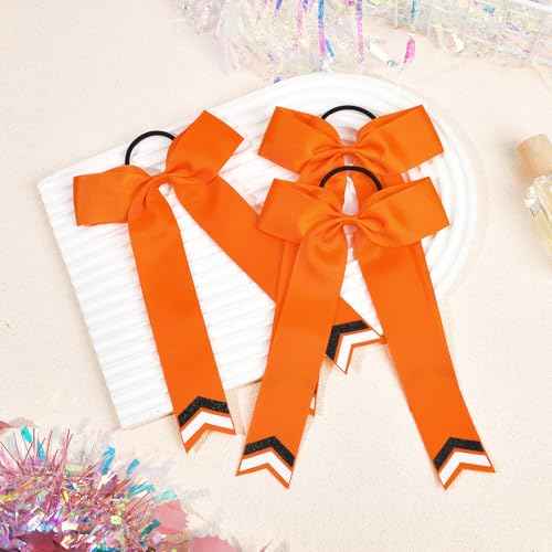 DEEKA 12PCS Collegiate Style Cheer Bows with Glitter Chevrons Tail Skinny College Cheerleader Ponytail Holder for Volleyball Softball Girls (Orange/Black/White)