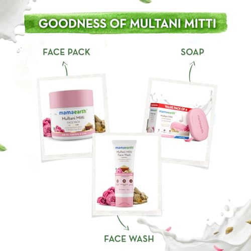MAMAEARTH Multani Mitti & Rose Moisturizing Lotion Soap Bar | Controls Oil & Body Acne | Bentonite Clay Bar for Oil & Acne Free Skin | for Face & Body | 4 Bars (4.41 Oz/125g Each)