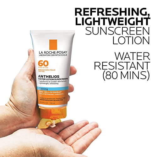 La Roche-Posay Anthelios Cooling Water Sunscreen Lotion | Water Based Sunscreen for Face & Body | Broad Spectrum SPF + Antioxidants | Fast Absorbing Water-Like Texture | Oil Free Sunscreen SPF 60