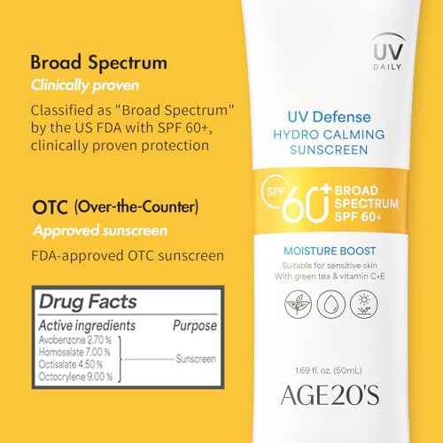 AGE20'S UV Defense Hydro Calming Sunscreen SPF 60+ | Korean Sunscreen | Moisturizing Creamy Formula, No White Cast, Lightweight Finish | Green Tea + Aloe Vera | Dermatest Excellent | 1.69 fl.oz*2