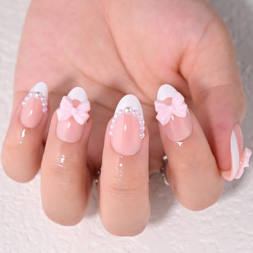 XZMeiLun 506-Short Almond French Tip Press On Nails with 3D Pearls & Pink Bow, 30 Pcs, 15 Sizes (Glue Not Included) - Reusable