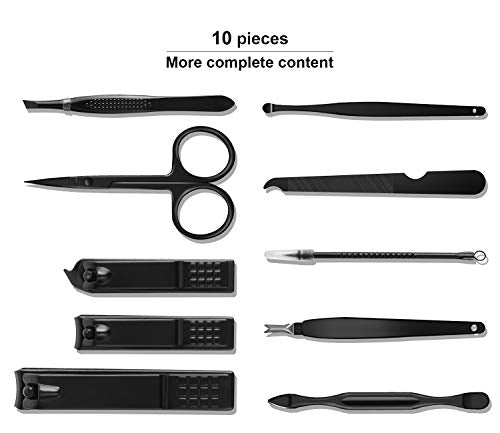 Keiby Citom Travel Manicure Set – 10pc Stainless Steel Nail Clippers & Pedicure Kit in Black