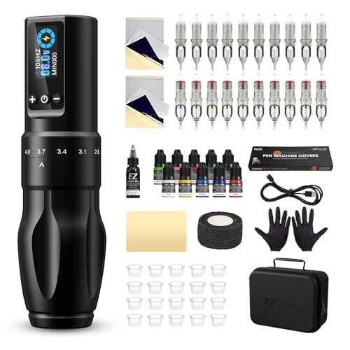 Tattoo Kit - EZTAT2 Tattoo Gun Kit with 7 Strokes 2.0-4.0mm Wireless Tattoo Machine, 1600mAh Battery Power Supply, 20Pcs Tattoo Cartridge Needles and 11 Color Inks for Tattoo Artists