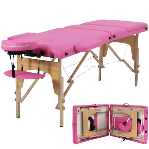 BestMassage Portable Folding Massage Bed 24-inch Wide, Pink, 3-Section, Height Adjustable
