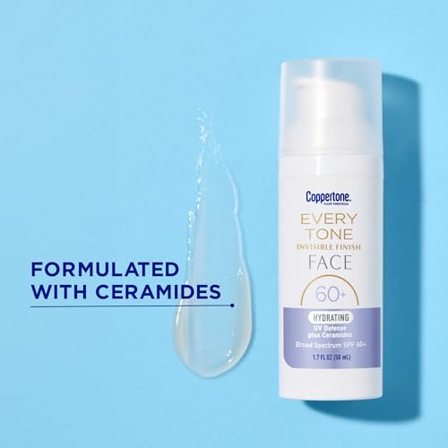 Coppertone Every Tone Invisible Finish Hydrating UV Defense Face Sunscreen SPF 60+ with Ceramides, Lightweight, Blends in Clear Sunscreen for All Skin Tones, 1.7 Fl Oz Pump Bottle