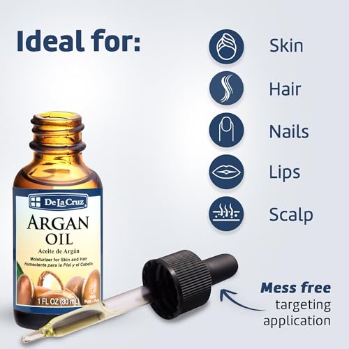 De La Cruz 100% Argan Oil of Morocco - Pure Cold-Pressed Virgin Moroccan Argan Oil for Hair and Skin - 1 FL OZ