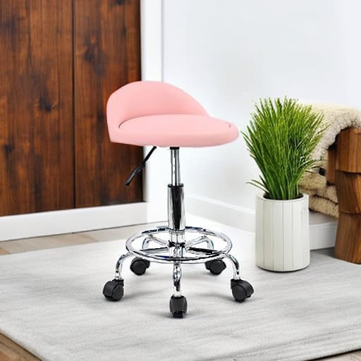 KKTONER PU Leather Rolling Stool Pink - Height Adjustable