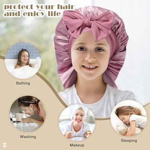 Kids Long Hair Bonnet for Sleeping - Double Layer Girls Elastic Satin Bonnet with Tie Band for Braid Curly Hair (Rose Gold+Pink)