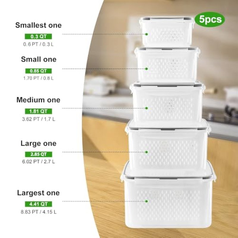 Freshmage 5-Pack Produce Container Set with Colander - Leakproof