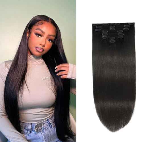 Clip In Hair Extensions Real Human Hair Straight Hair Clip in Human Hair Extensions Human Hair 1B Natural Black Silky Thick Real 100% Human Hair for Black Women Virgin Hair 120g 22 Inch