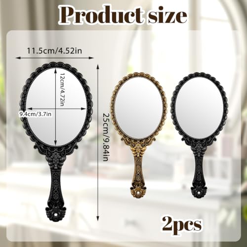2 Pack Vintage Hand Mirrors with Ergonomic Handle - Black & Antique Gold