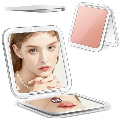30X Magnifying Compact Mirror with Tweezers for Travel & Makeup