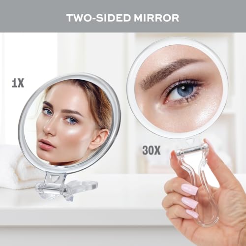 ForPro 30X Magnifying Hand Mirror, 5” Diameter, Folding Handle - Clear