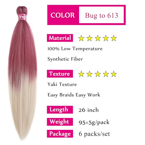 UPerfe Ombre Braiding Hair Extensions for Braids 99J to Blonde Kanekalon Braiding Hair Pre Stretched Prestretched Braiding Hair Kids Knotless Jumbo Colored Braiding Hair Ombre 26 inch 6 Bundles