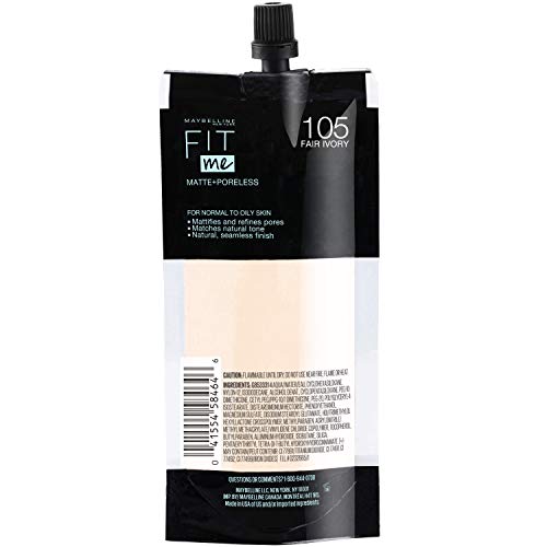 Maybelline New York Fit Me Matte + Poreless Liquid Foundation, Pouch Format, 105 Fair Ivory, 1.3 Ounce