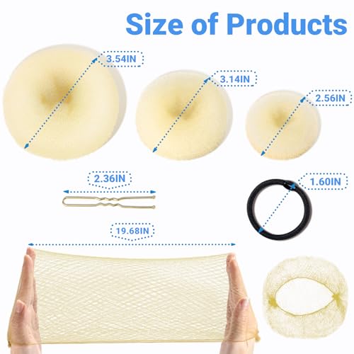 TsMADDTs Blonde Hair Bun Set, 8 Donut Bun with 2 Large, 2 Middle, 4 Small, 10 Hair Nets for Women, 40 U Shaped Pins, 5 Elastic Bands for Short and Thin Hair