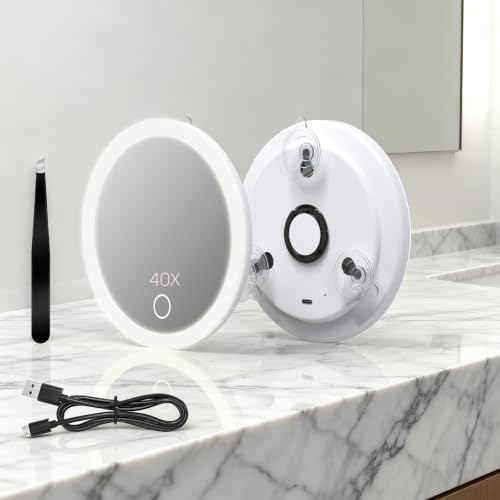 40X Rechargeable Travel Makeup Mirror with LED Lights & Suction Cups