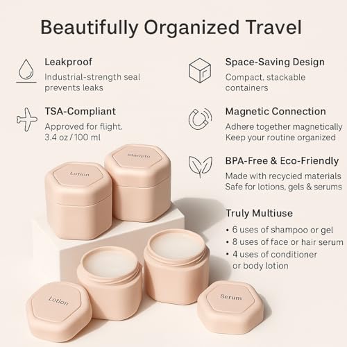 Magnetic Travel Capsule Set ? 3x1.32oz Refillable Travel Containers | Leak-Proof & TSA Approved Bottles for Haircare, Body Wash & Lotion | Stackable Magnetic Travel Essentials for Women & Men