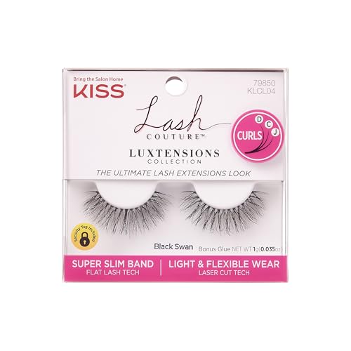 KISS Lash Couture LuXtensions Collection False Eyelashes, Flat Lash Technology, Super Slim Lash Band, Real Lash Extension Fibers, Reusable, Style ¡®Black Swan', 12mm, 1 Pair Strip Lashes